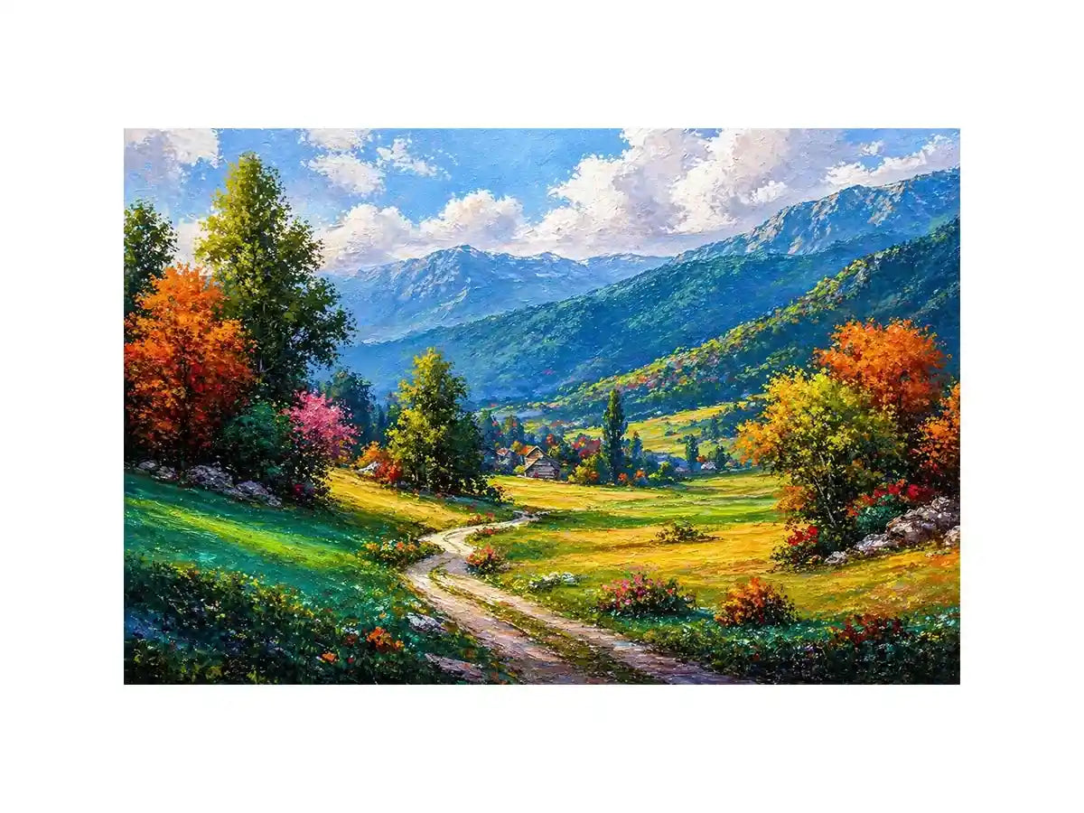 colorful landscape Canvas Print impressionist valley, scenic nature painting path artwork, vibrant countryside canvas decor, mountain landscape painting Canvas Print
