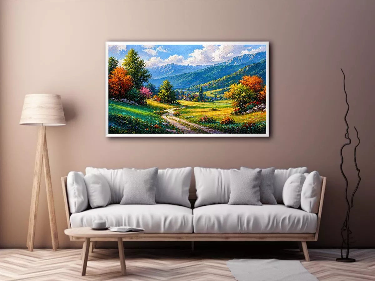 colorful landscape Canvas Print impressionist valley, scenic nature painting path artwork, vibrant countryside canvas decor, mountain landscape painting Canvas Print