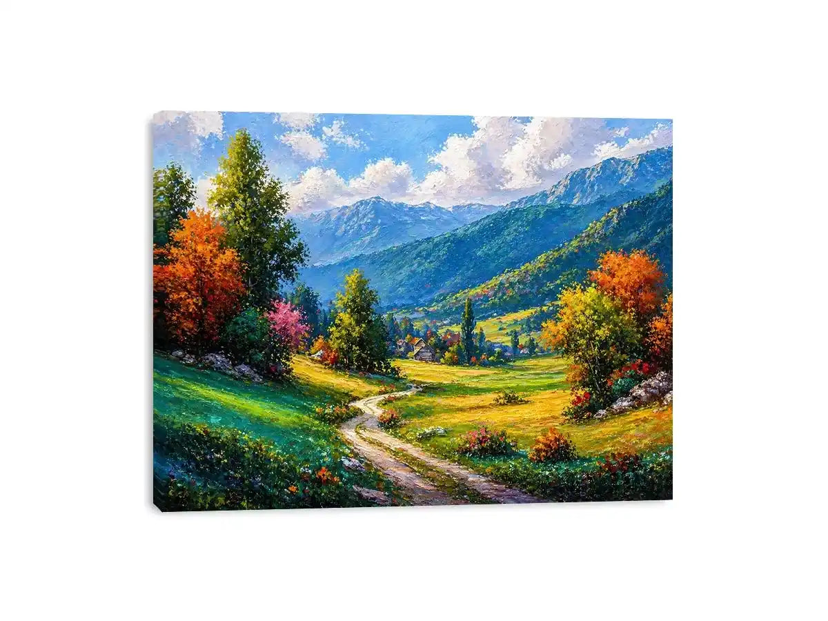 colorful landscape Canvas Print impressionist valley, scenic nature painting path artwork, vibrant countryside canvas decor, mountain landscape painting Canvas Print