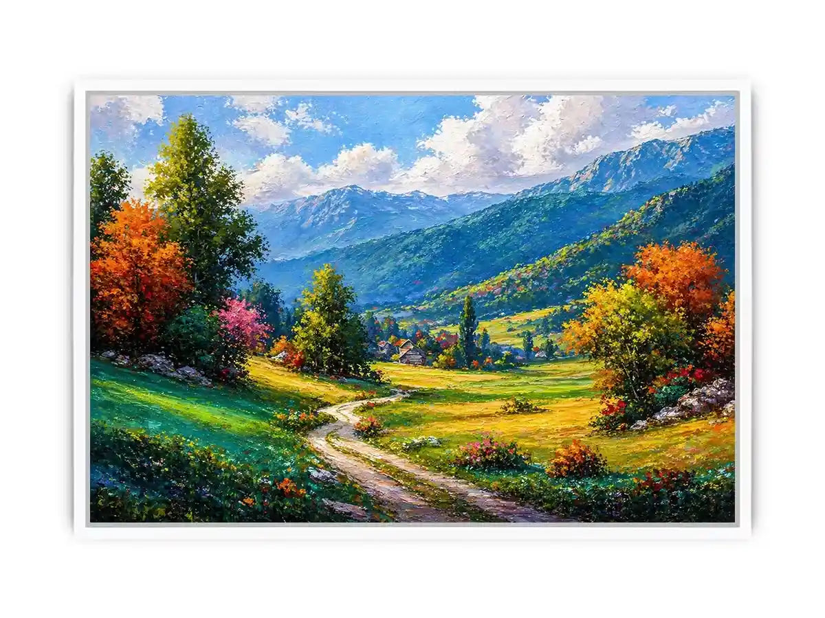 colorful landscape wall art impressionist valley, scenic nature painting path artwork, vibrant countryside canvas decor, mountain landscape painting wall art