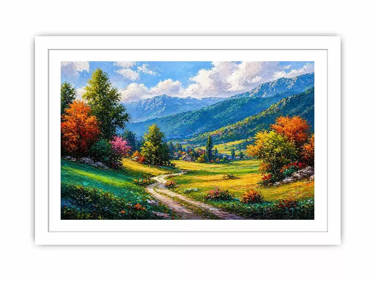 colorful landscape Canvas Print impressionist valley, scenic nature painting path artwork, vibrant countryside canvas decor, mountain landscape painting Canvas Print