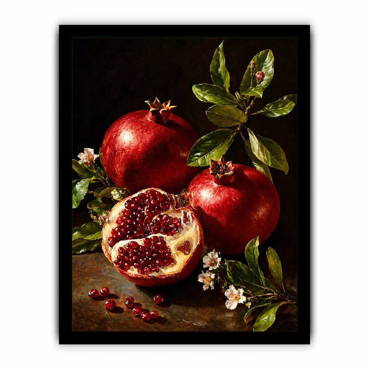 pomegranate still life wall art oil painting fruit, classic fruit painting canvas decor, red pomegranate artwork traditional still life