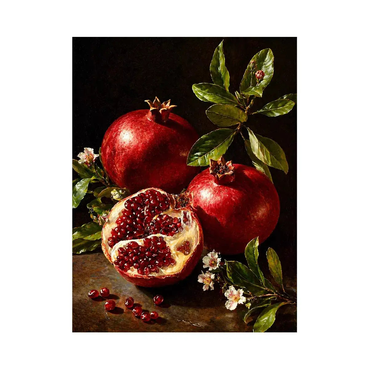 pomegranate still life wall art oil painting fruit, classic fruit painting canvas decor, red pomegranate artwork traditional still life