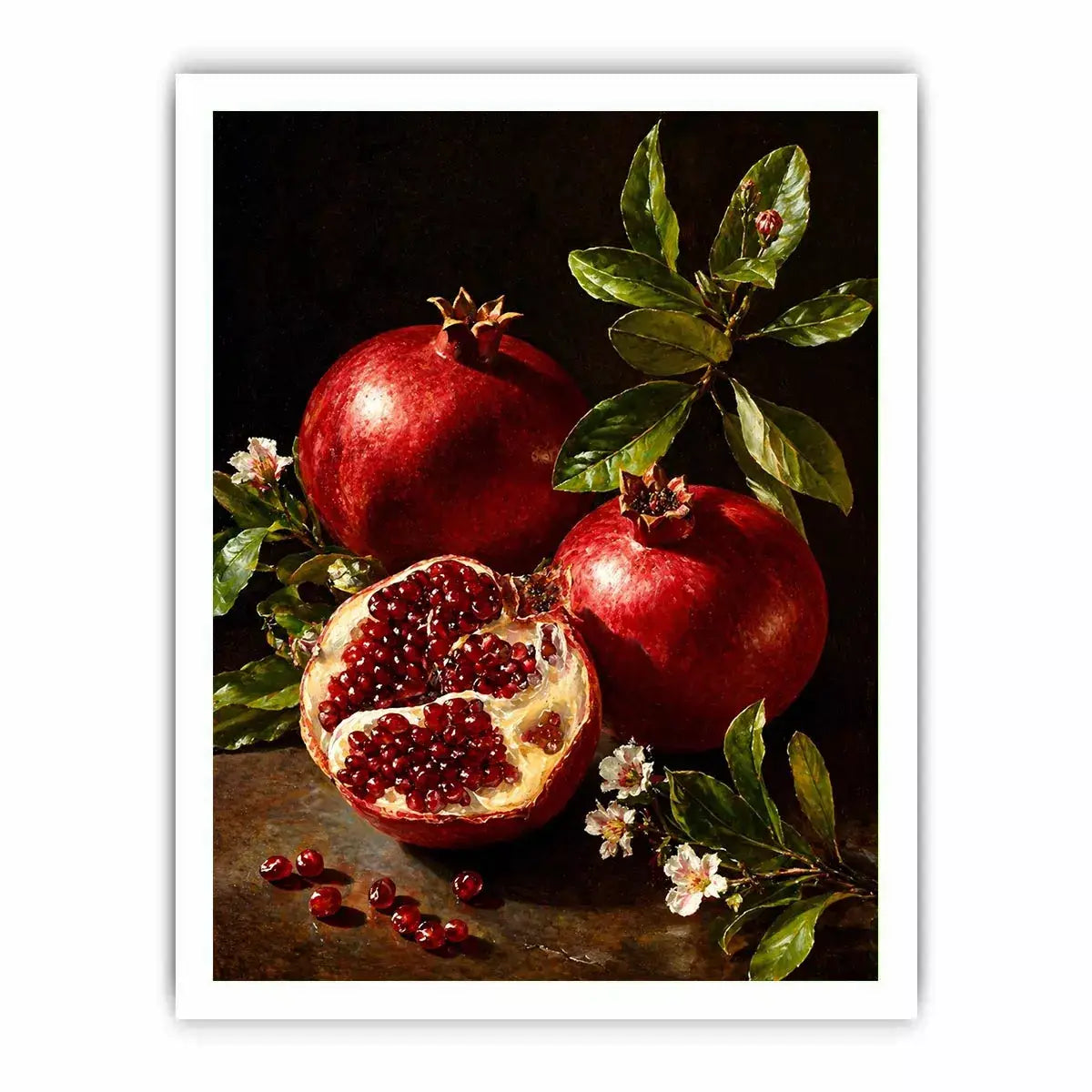 pomegranate still life wall art oil painting fruit, classic fruit painting canvas decor, red pomegranate artwork traditional still life