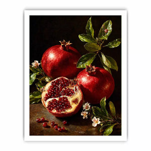 pomegranate still life wall art oil painting fruit, classic fruit painting canvas decor, red pomegranate artwork traditional still life