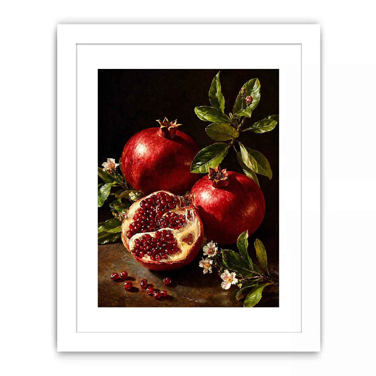 pomegranate still life wall art oil painting fruit, classic fruit painting canvas decor, red pomegranate artwork traditional still life