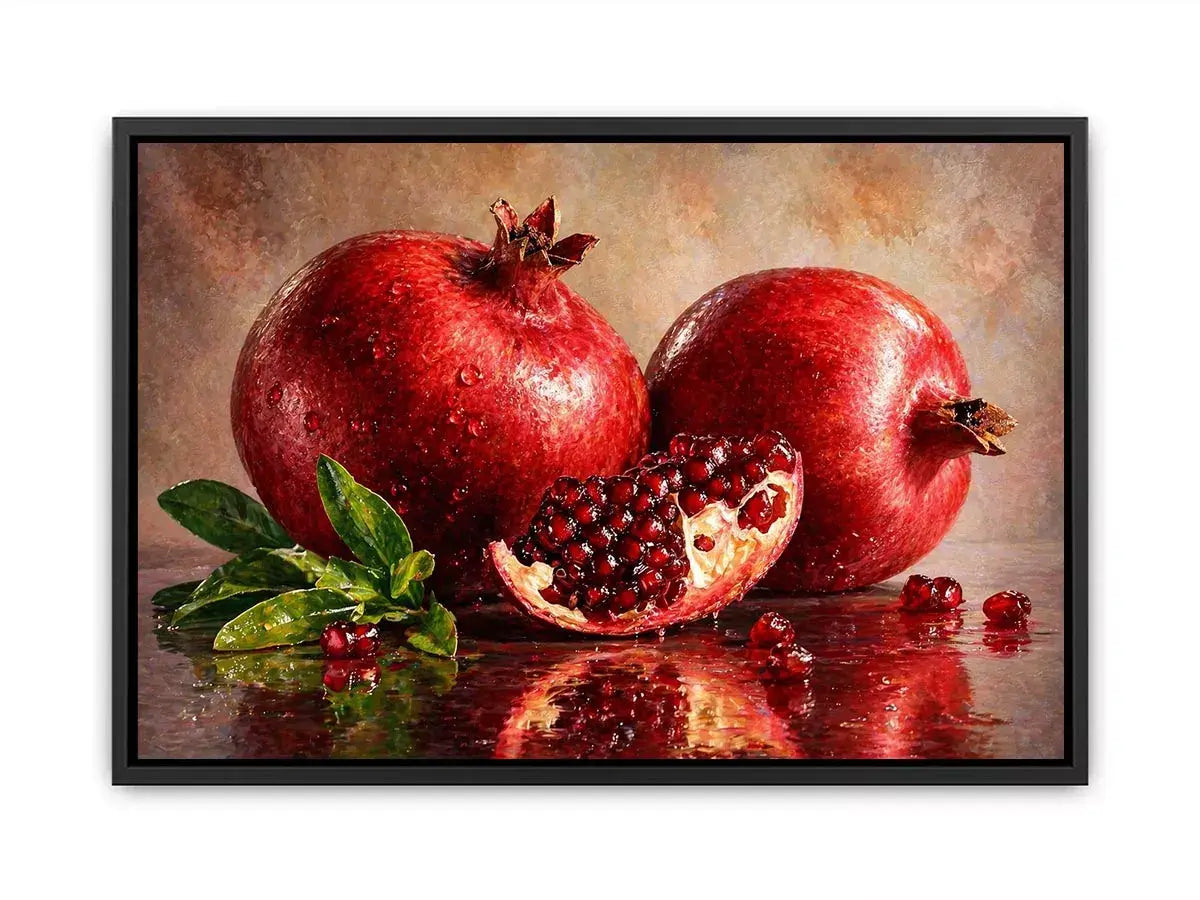 modern pomegranate still life Canvas Print, red fruit painting Canvas Print, realistic pomegranate artwork kitchen decor, contemporary fruit still life painting