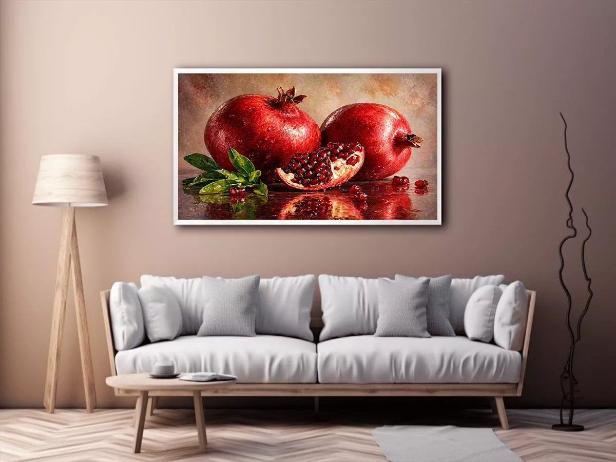 modern pomegranate still life Canvas Print, red fruit painting Canvas Print, realistic pomegranate artwork kitchen decor, contemporary fruit still life painting