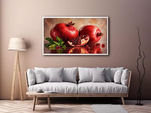 modern pomegranate still life Canvas Print, red fruit painting Canvas Print, realistic pomegranate artwork kitchen decor, contemporary fruit still life painting