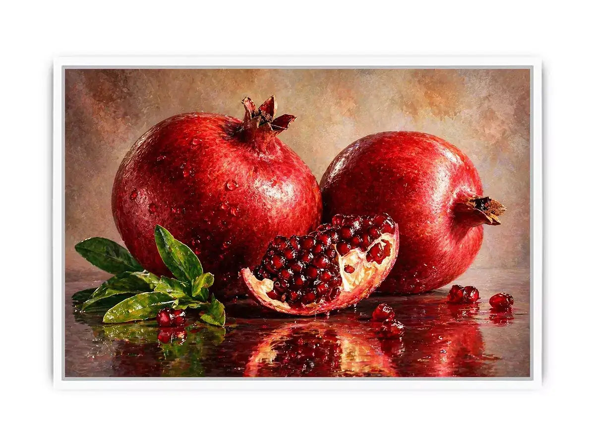 modern pomegranate still life Canvas Print, red fruit painting Canvas Print, realistic pomegranate artwork kitchen decor, contemporary fruit still life painting