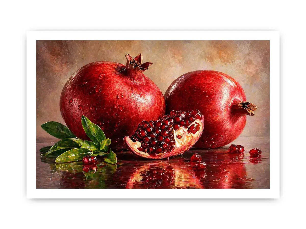 modern pomegranate still life Canvas Print, red fruit painting Canvas Print, realistic pomegranate artwork kitchen decor, contemporary fruit still life painting