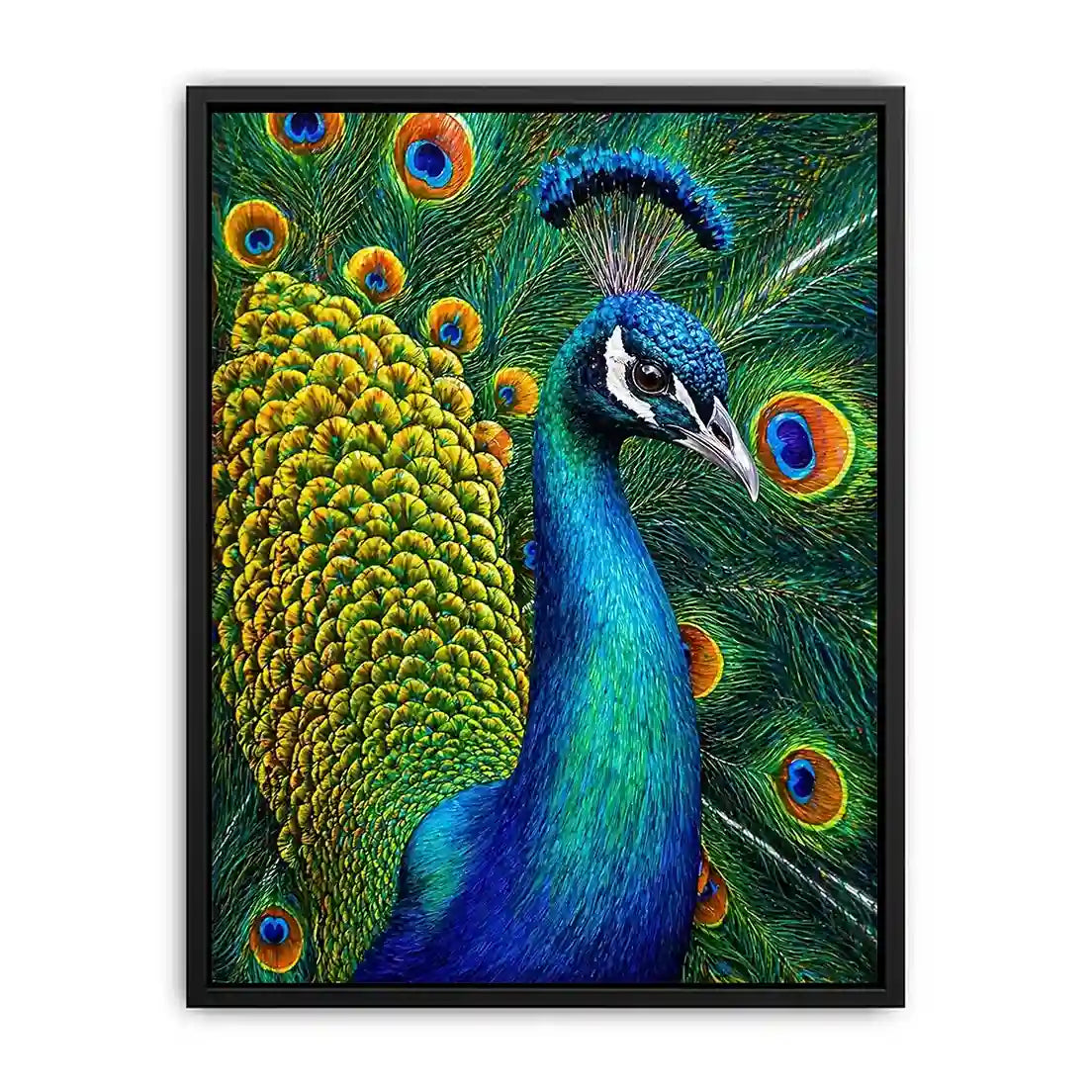 peacock close up Canvas Print colorful feathers, vibrant bird painting Canvas Print, detailed peacock feather artwork modern decor, luxury peacock illustration