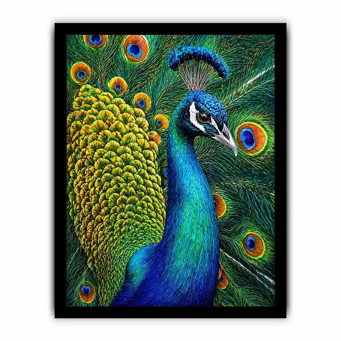 peacock close up Canvas Print colorful feathers, vibrant bird painting Canvas Print, detailed peacock feather artwork modern decor, luxury peacock illustration