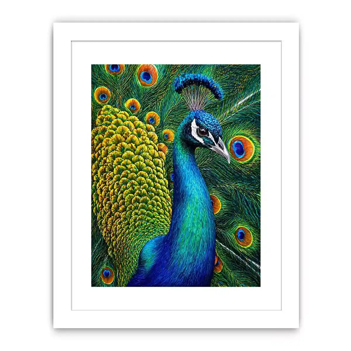 peacock close up Canvas Print colorful feathers, vibrant bird painting Canvas Print, detailed peacock feather artwork modern decor, luxury peacock illustration