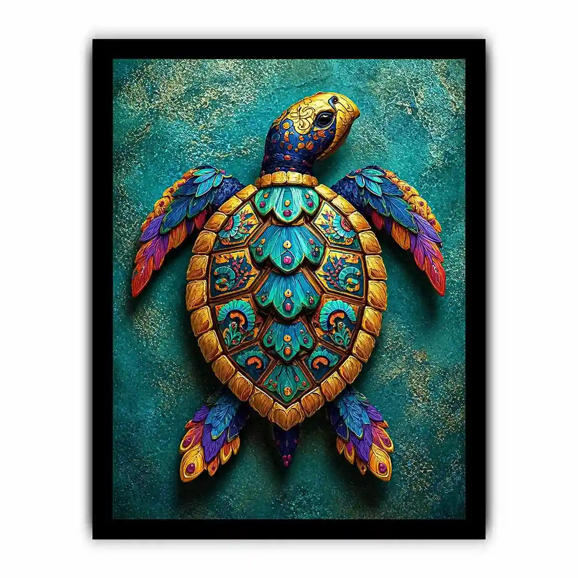 colorful turtle Canvas Print coastal decor canvas, decorative sea turtle artwork vibrant modern design, marine turtle illustration teal gold wall decor, tropical ocean animal Canvas Print