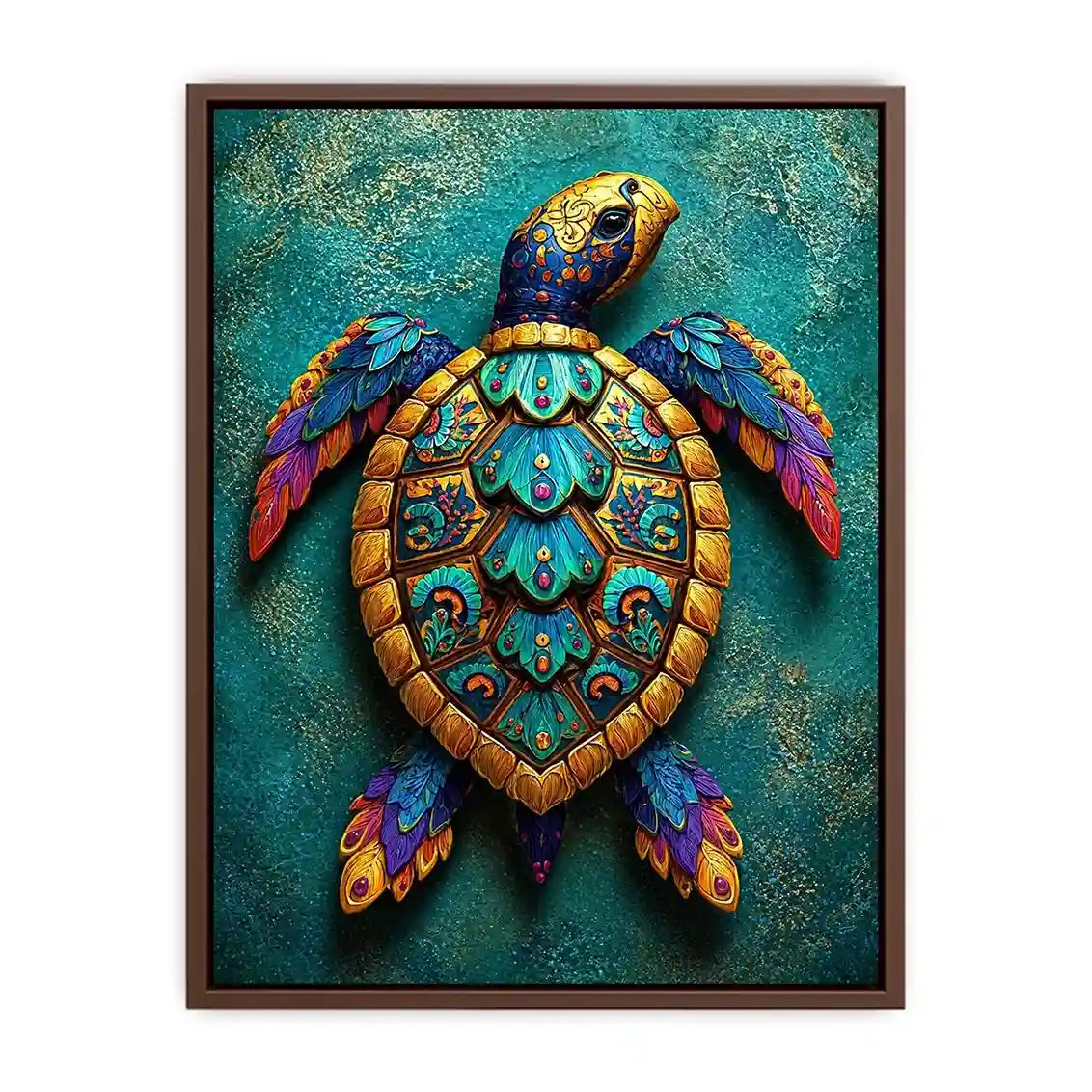 colorful turtle Canvas Print coastal decor canvas, decorative sea turtle artwork vibrant modern design, marine turtle illustration teal gold wall decor, tropical ocean animal Canvas Print