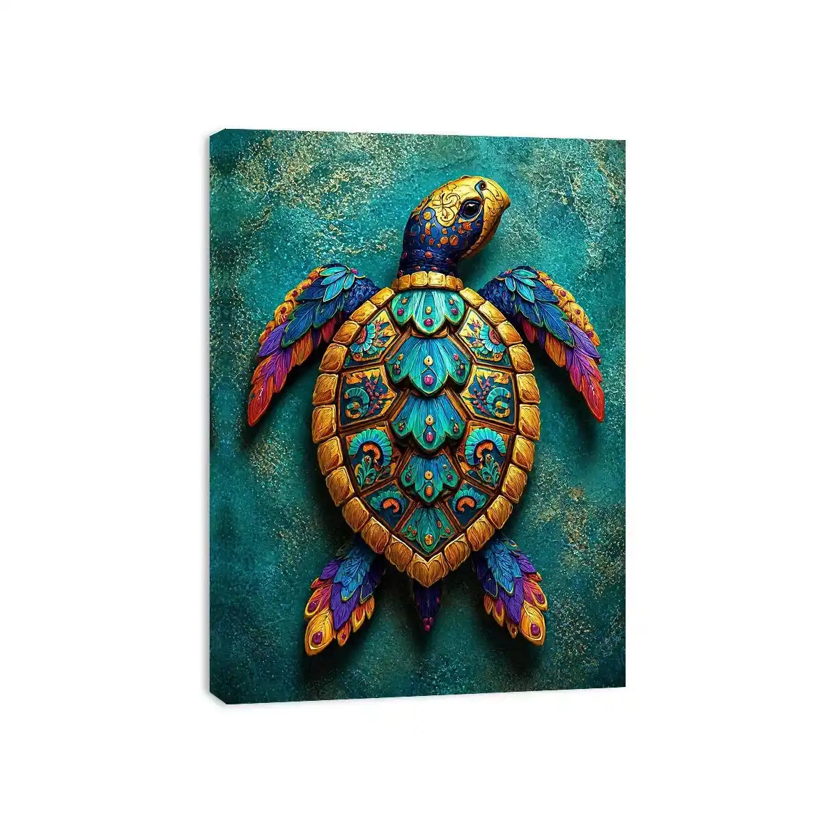 colorful turtle Canvas Print coastal decor canvas, decorative sea turtle artwork vibrant modern design, marine turtle illustration teal gold wall decor, tropical ocean animal Canvas Print