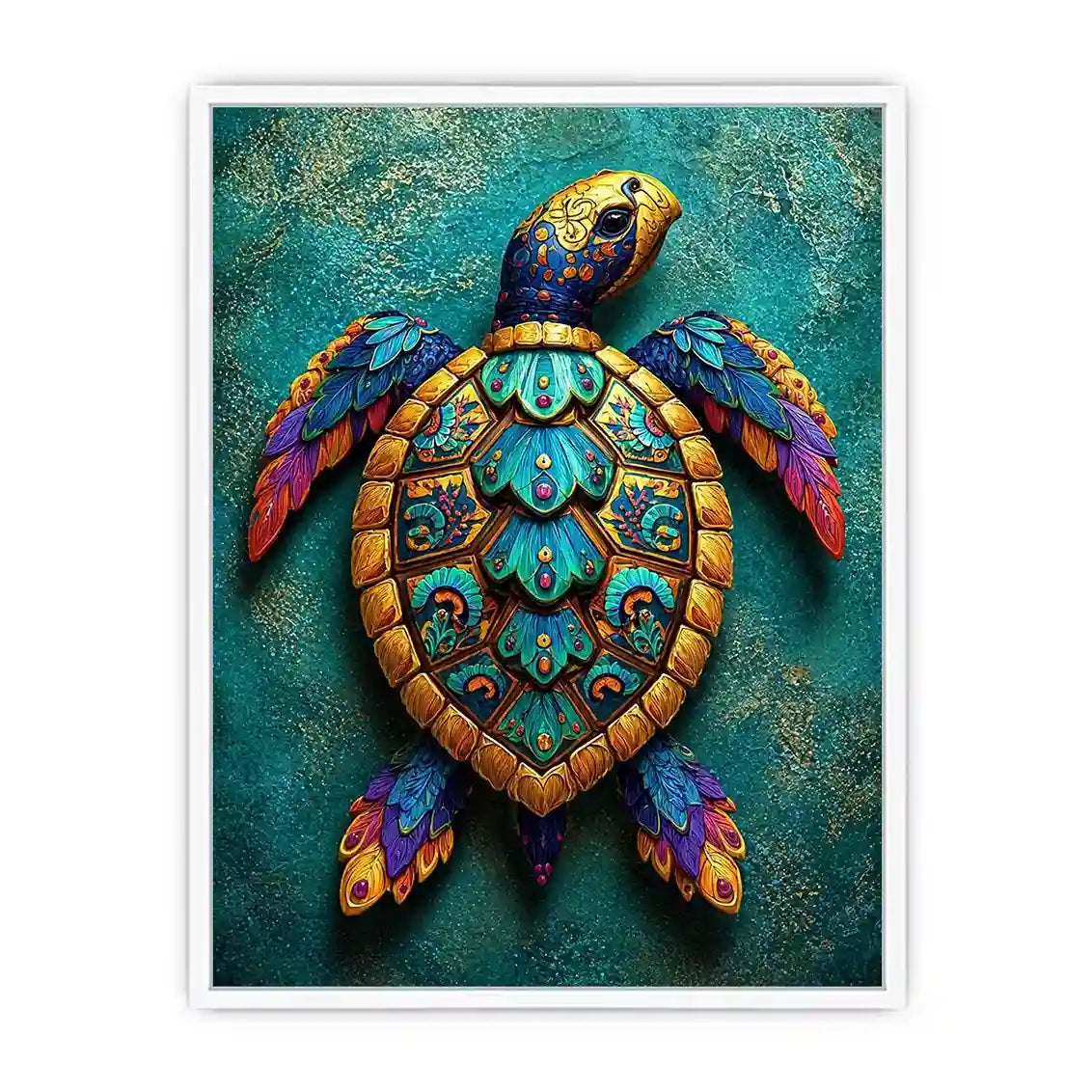 colorful turtle Canvas Print coastal decor canvas, decorative sea turtle artwork vibrant modern design, marine turtle illustration teal gold wall decor, tropical ocean animal Canvas Print