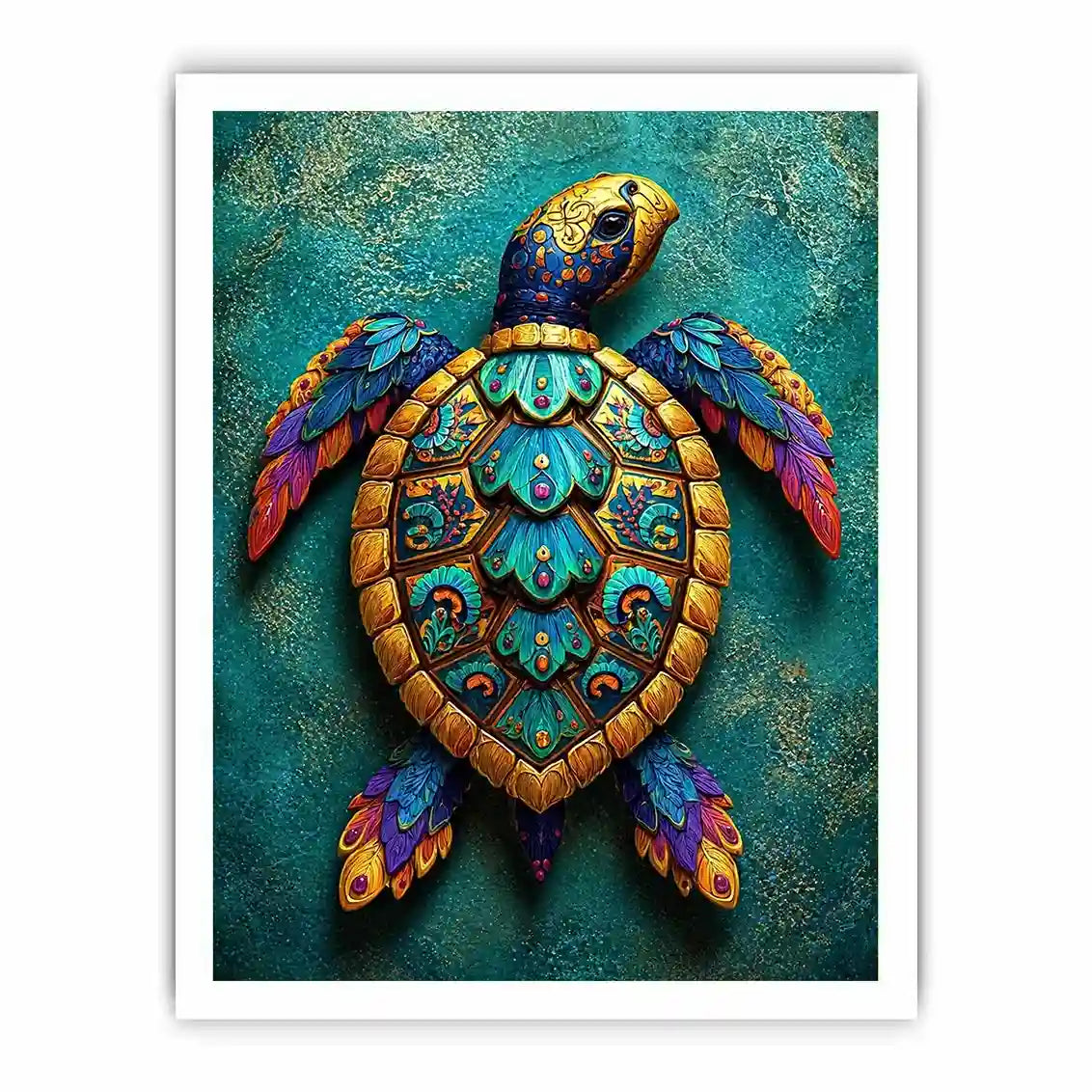 colorful turtle Canvas Print coastal decor canvas, decorative sea turtle artwork vibrant modern design, marine turtle illustration teal gold wall decor, tropical ocean animal Canvas Print
