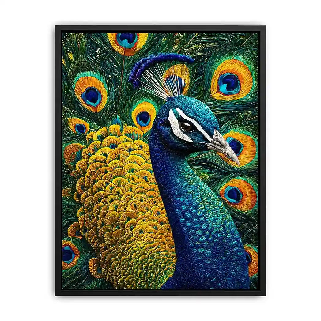 peacock Canvas Print canvas colorful feathers, luxury blue gold peacock artwork, vibrant bird canvas wall decor, detailed peacock feather painting