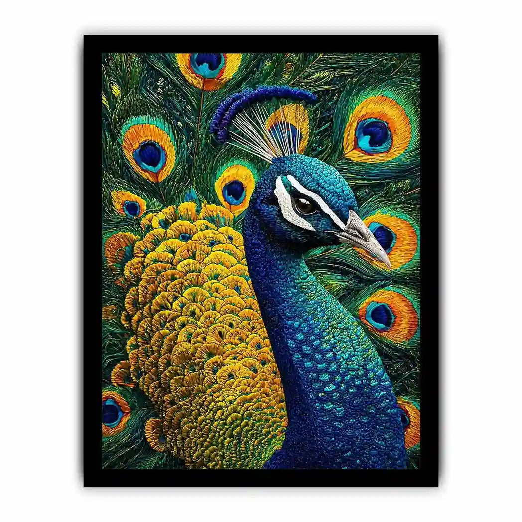 peacock Canvas Print canvas colorful feathers, luxury blue gold peacock artwork, vibrant bird canvas wall decor, detailed peacock feather painting