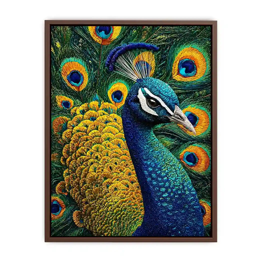 peacock Canvas Print canvas colorful feathers, luxury blue gold peacock artwork, vibrant bird canvas wall decor, detailed peacock feather painting