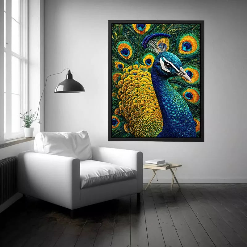 peacock Canvas Print canvas colorful feathers, luxury blue gold peacock artwork, vibrant bird canvas wall decor, detailed peacock feather painting