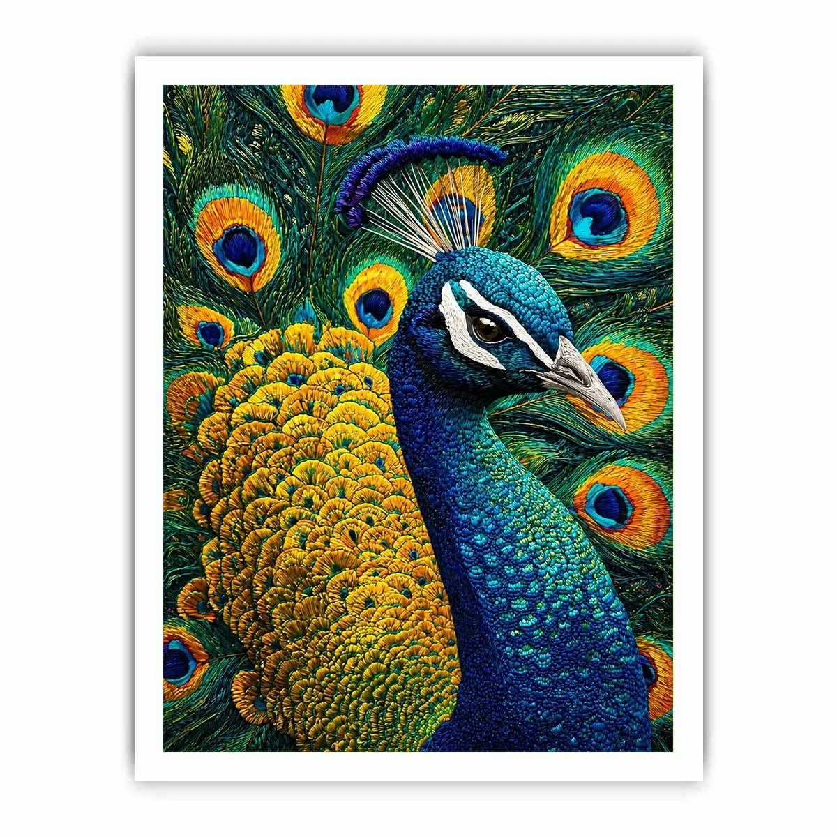peacock Canvas Print canvas colorful feathers, luxury blue gold peacock artwork, vibrant bird canvas wall decor, detailed peacock feather painting