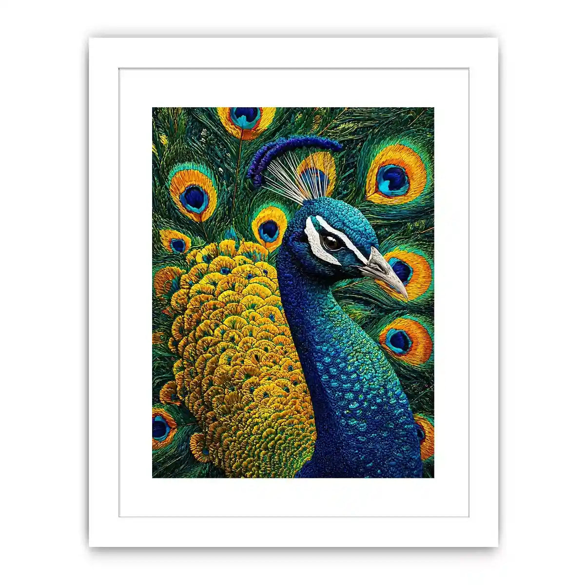 peacock Canvas Print canvas colorful feathers, luxury blue gold peacock artwork, vibrant bird canvas wall decor, detailed peacock feather painting