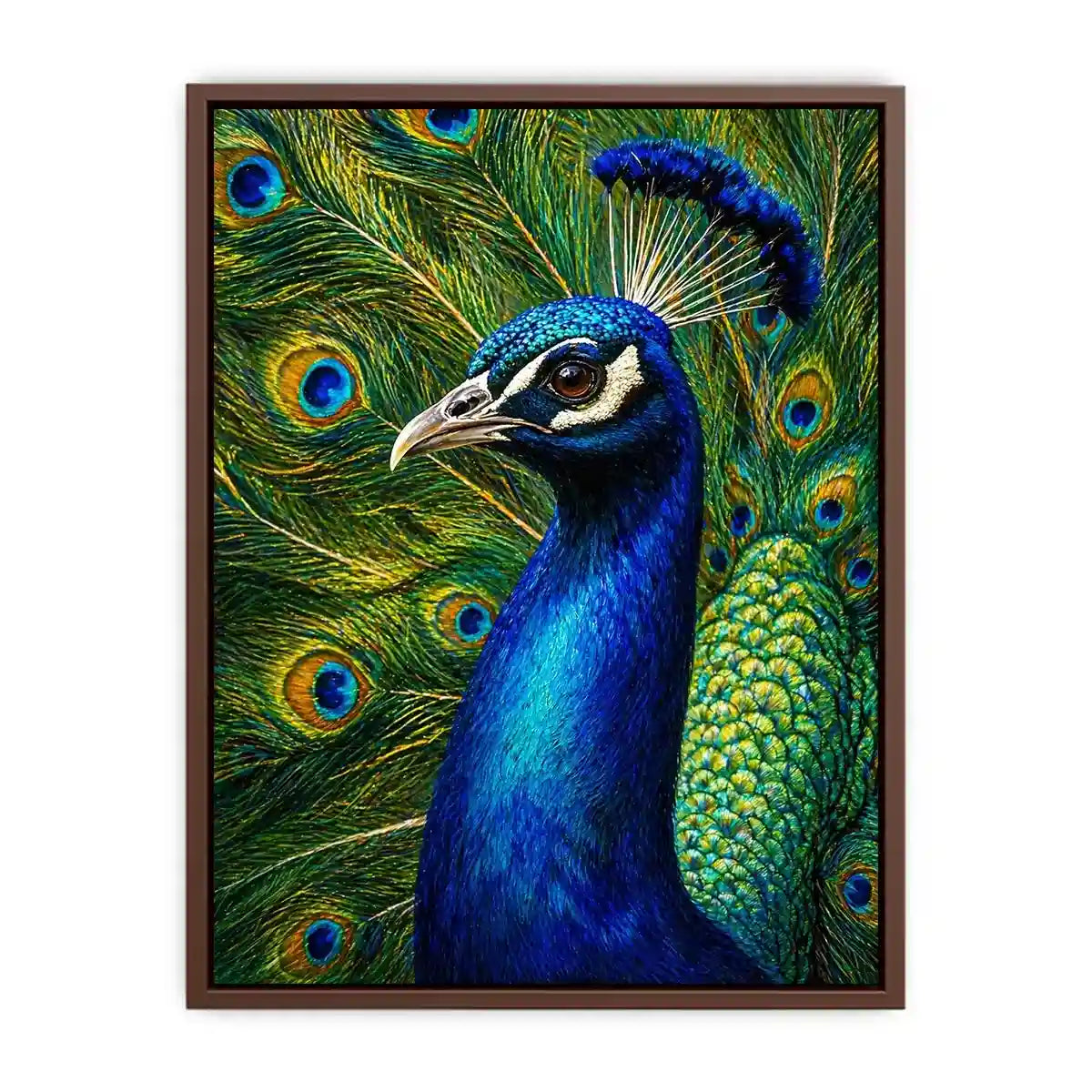 Vibrant peacock Canvas Print with detailed blue and gold feathers