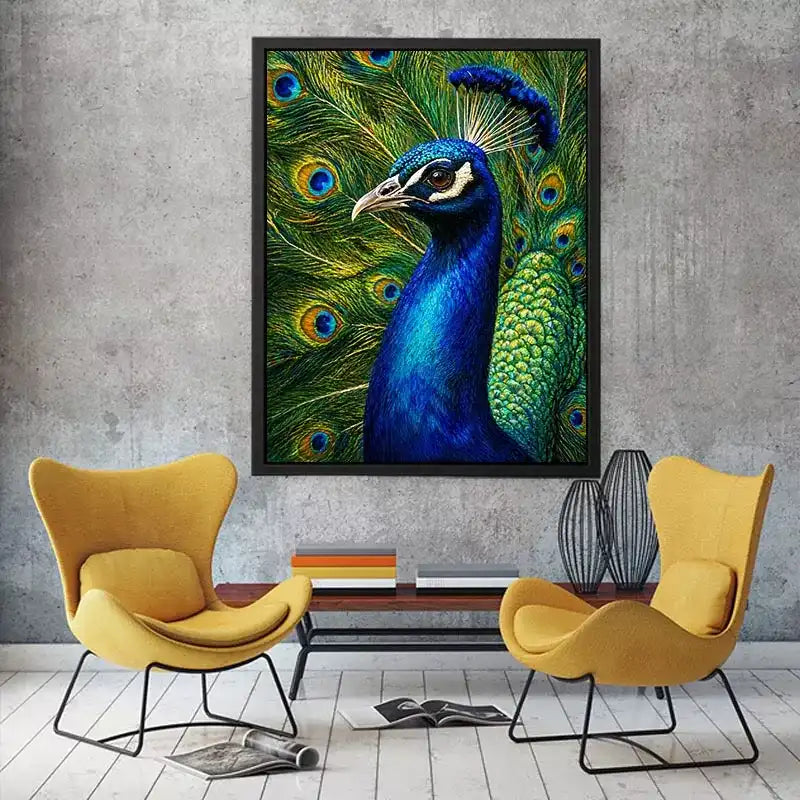 Vibrant peacock Canvas Print with detailed blue and gold feathers