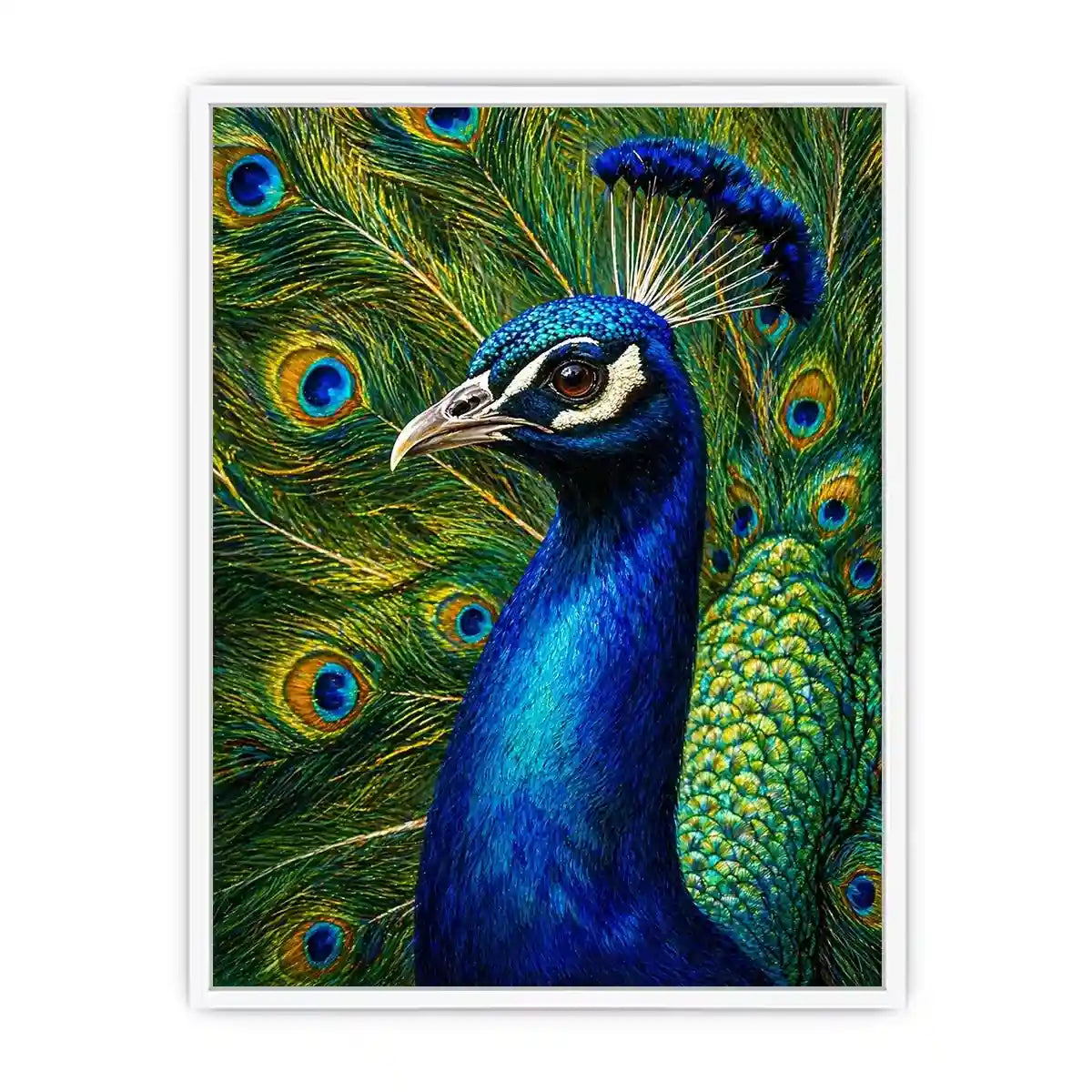 Vibrant peacock Canvas Print with detailed blue and gold feathers