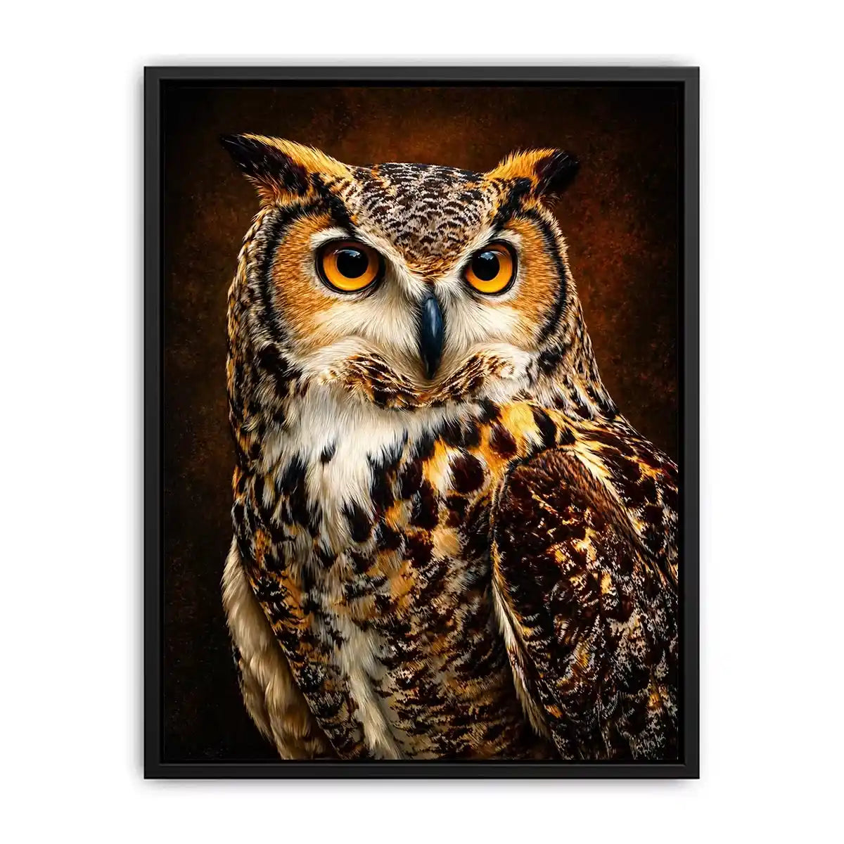 Realistic owl Canvas Print with glowing golden eyes and detailed feathers