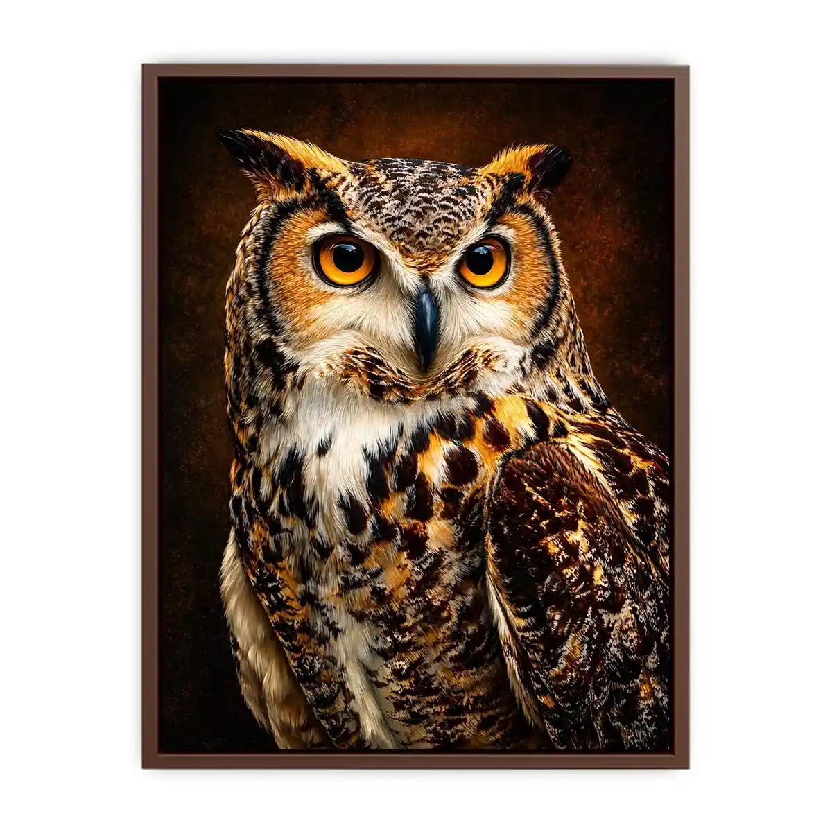 Realistic owl Canvas Print with glowing golden eyes and detailed feathers