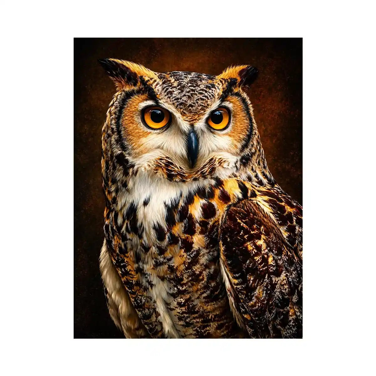 Realistic owl Canvas Print with glowing golden eyes and detailed feathers