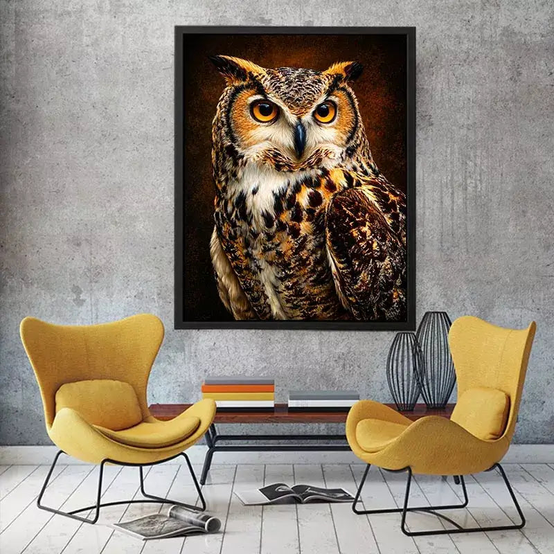 Realistic owl Canvas Print with glowing golden eyes and detailed feathers