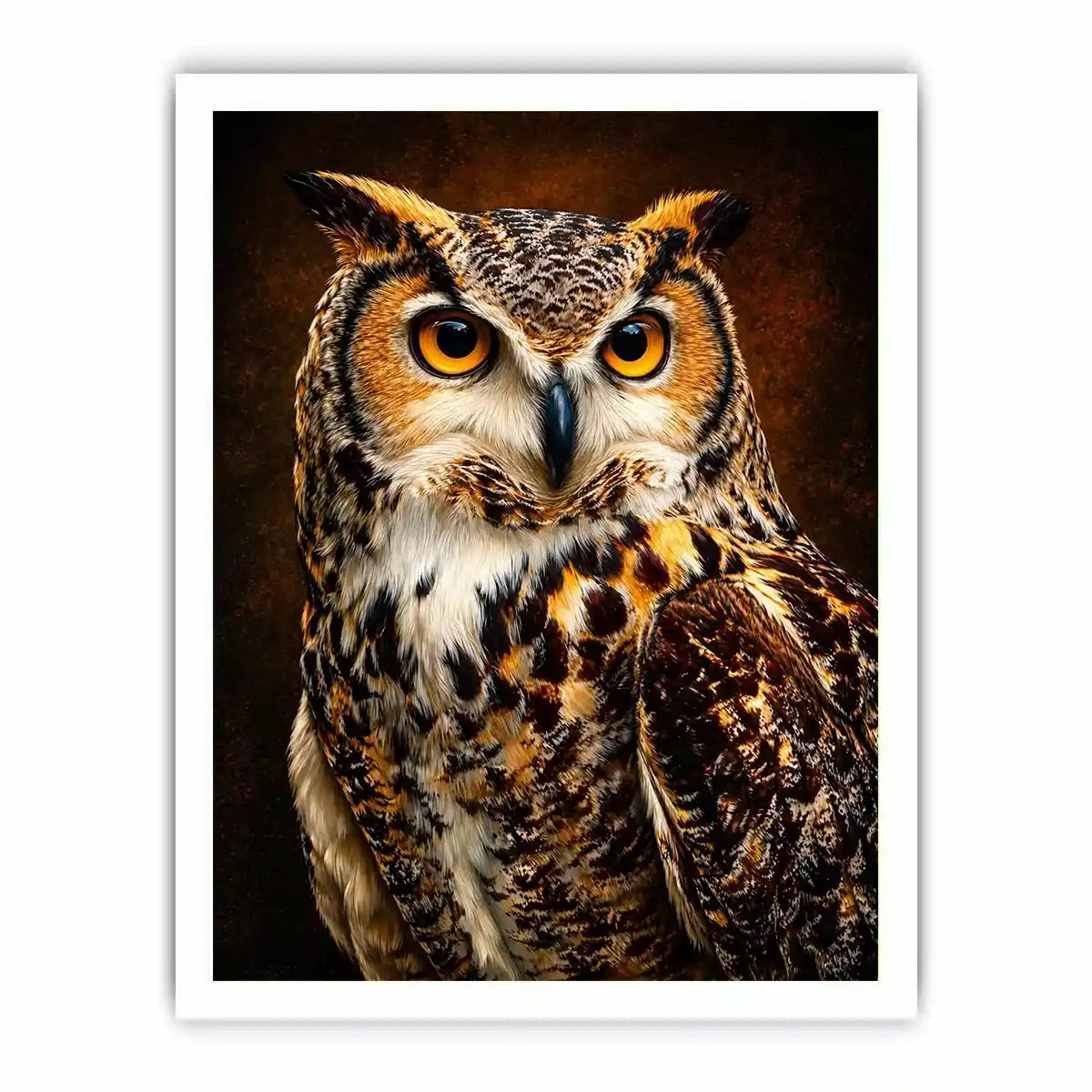 Realistic owl Canvas Print with glowing golden eyes and detailed feathers