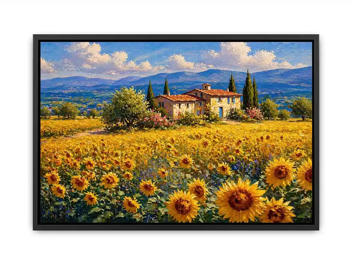 Impressionist sunflower field with rustic villa landscape Canvas Print canvas
