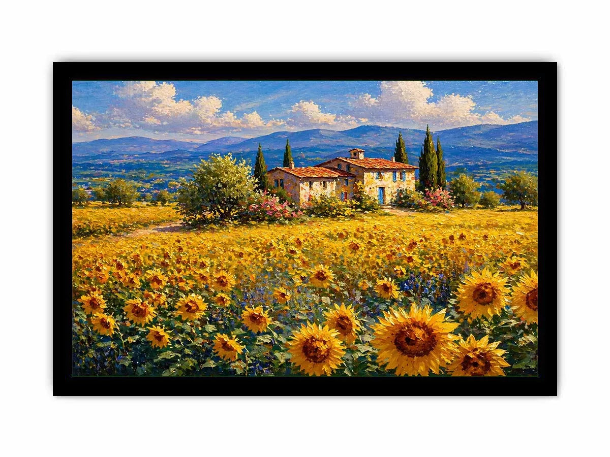 Impressionist sunflower field with rustic villa landscape Canvas Print canvas