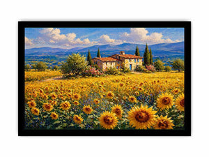 Impressionist sunflower field with rustic villa landscape Canvas Print canvas