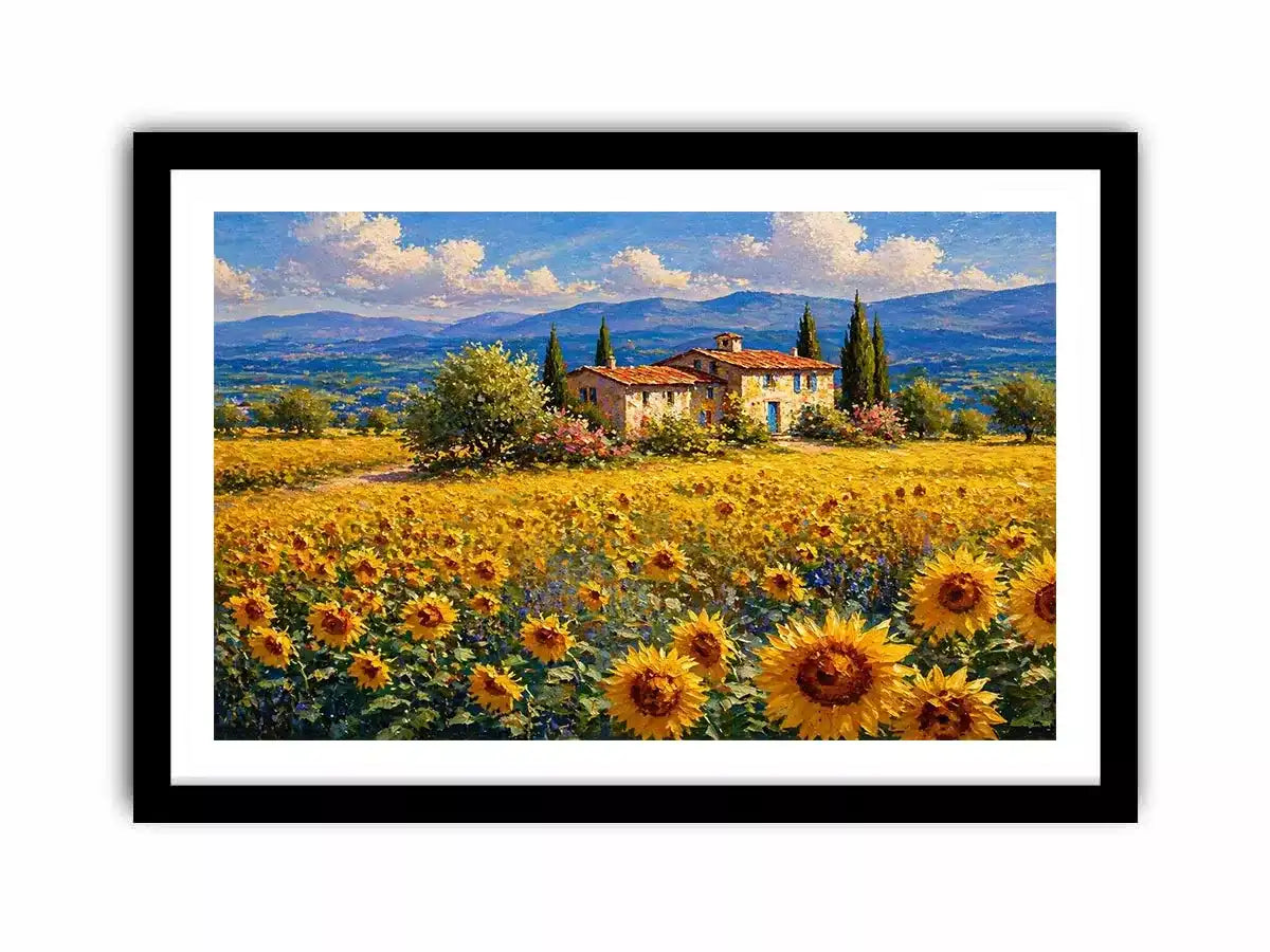 Impressionist sunflower field with rustic villa landscape wall art canvas