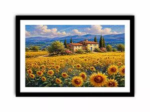 Impressionist sunflower field with rustic villa landscape Canvas Print canvas
