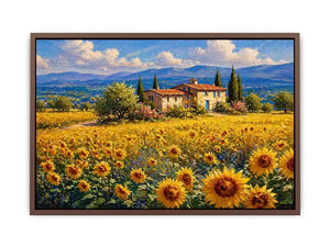 Impressionist sunflower field with rustic villa landscape Canvas Print canvas
