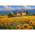 Impressionist sunflower field with rustic villa landscape Canvas Print canvas
