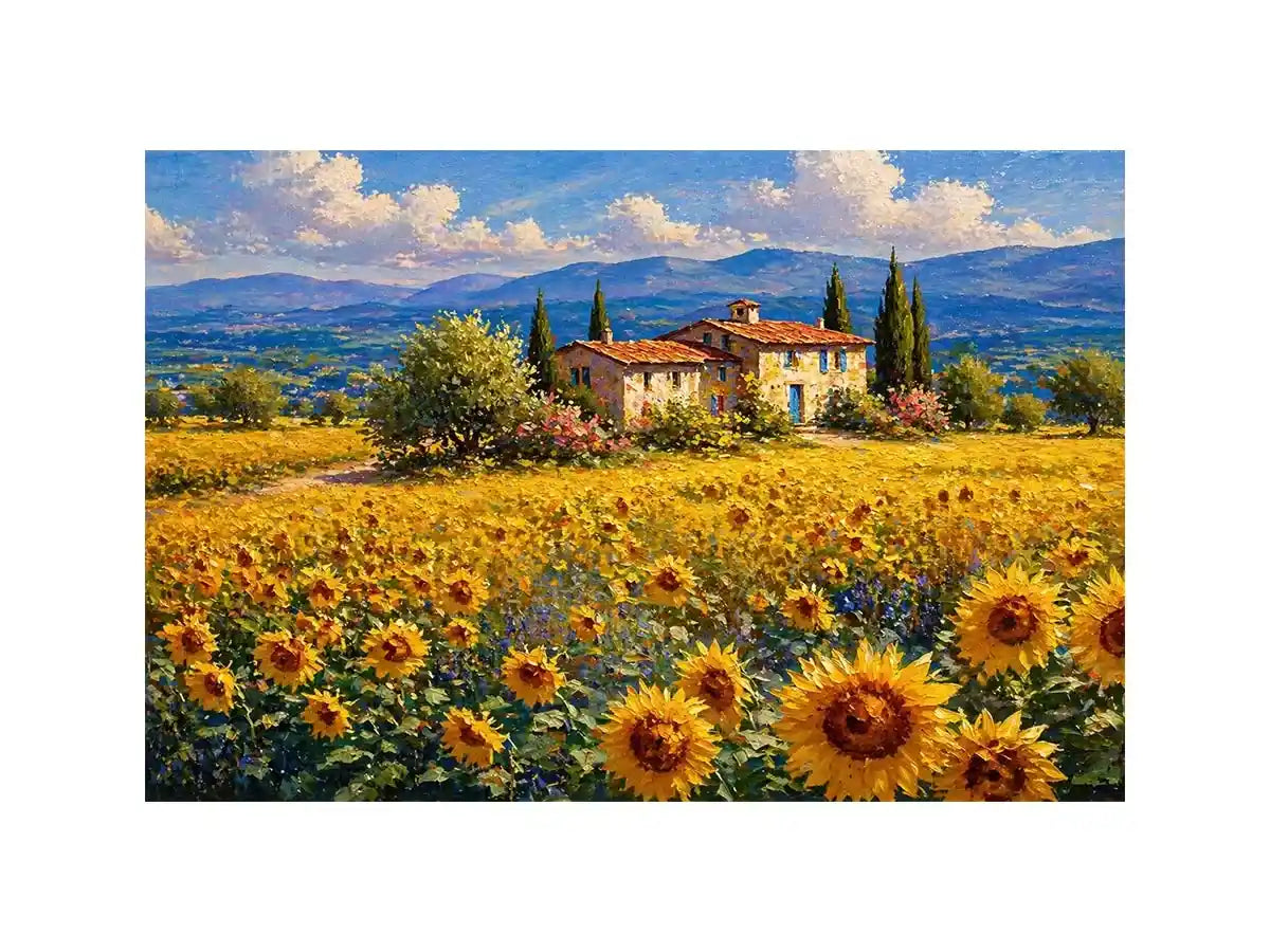 Impressionist sunflower field with rustic villa landscape Canvas Print canvas