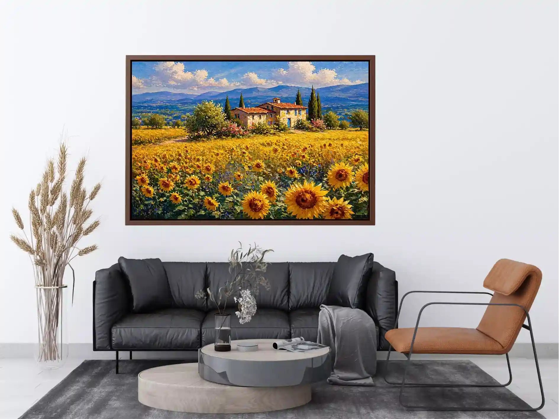 Impressionist sunflower field with rustic villa landscape Canvas Print canvas