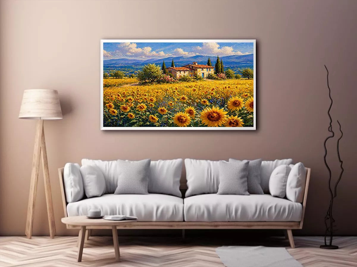 Impressionist sunflower field with rustic villa landscape Canvas Print canvas