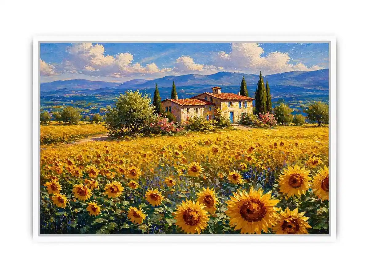 Impressionist sunflower field with rustic villa landscape Canvas Print canvas