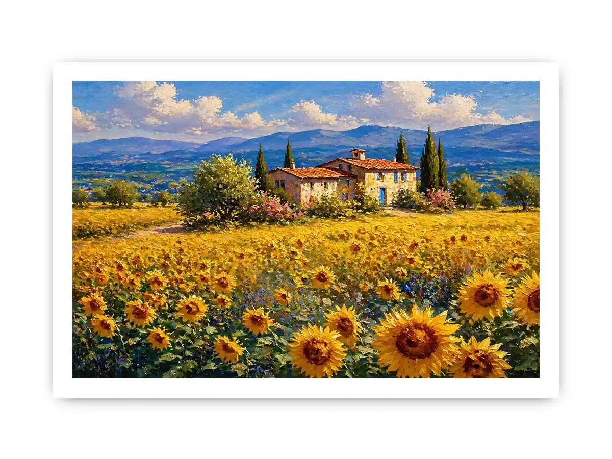 Impressionist sunflower field with rustic villa landscape Canvas Print canvas