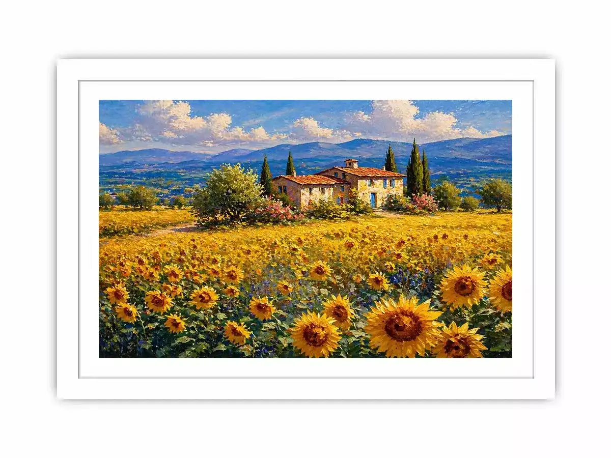 Impressionist sunflower field with rustic villa landscape Canvas Print canvas